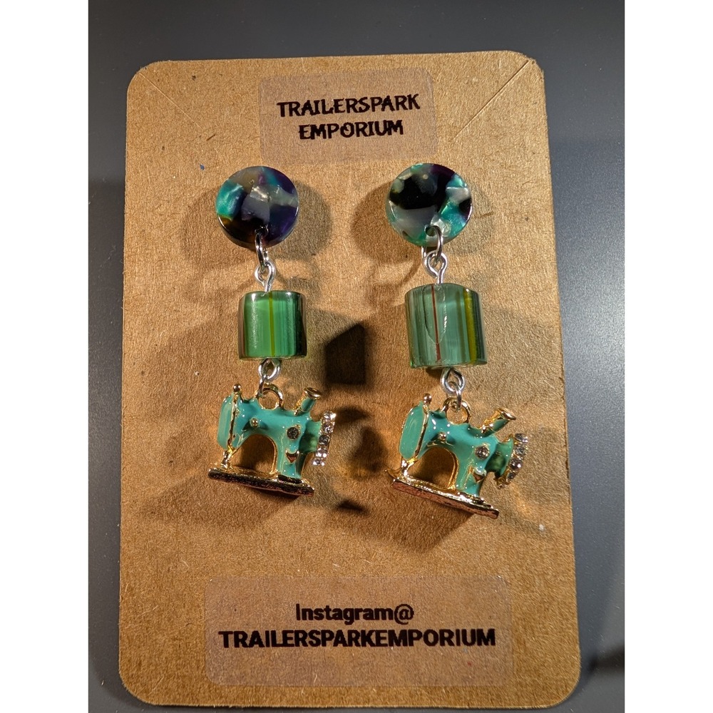 TrailerSpark Emporium Sewing Machine Drop Earrings Teal Enamel Nickel Free New